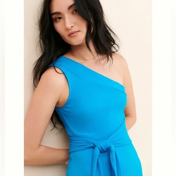 Anthropologie Line + Dot Willow One-Shoulder Dress Capri Blue Size Medium - Picture 4 of 9